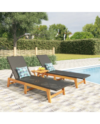 Chaises longues lot de 2 noir/marron résine tressée/bois acacia | Mobilier & Déco