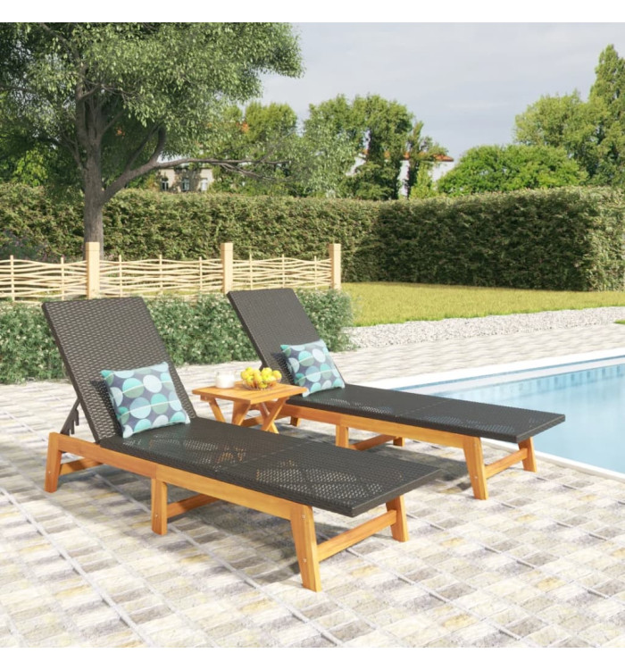 Chaises longues lot de 2 noir/marron résine tressée/bois acacia | Mobilier & Déco