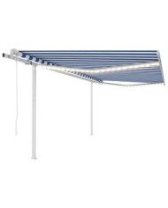 Auvent automatique capteur de vent LED 4,5x3,5 m Bleu et blanc | Mobilier & Déco