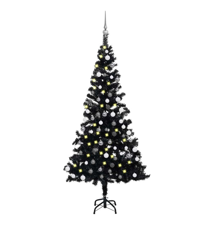 Arbre de Noël artificiel pré-éclairé et boules noir 150 cm PVC | Mobilier & Déco