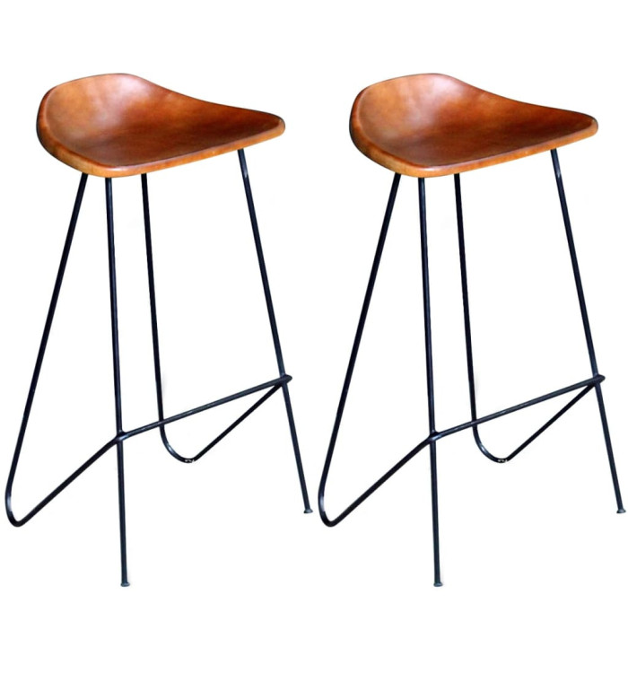 Chaises de bar lot de 2 noir et marron cuir véritable | Mobilier & Déco