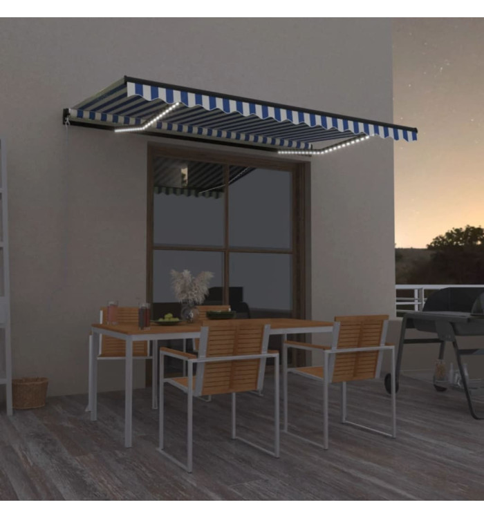 Auvent manuel rétractable avec LED 400x350 cm Bleu et blanc | Mobilier & Déco
