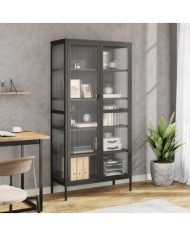 Buffet haut noir 85x40x180 cm verre et acier | Mobilier & Déco
