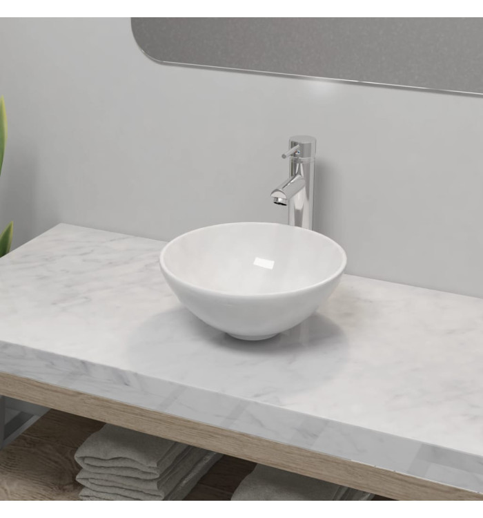 Lavabo de salle de bain avec mitigeur Céramique Rond Blanc | Mobilier & Déco