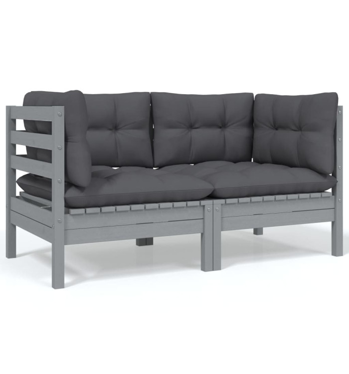 Canapé 2 places de jardin et coussins Gris Bois de pin solide | Mobilier & Déco