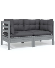 Canapé 2 places de jardin et coussins Gris Bois de pin solide | Mobilier & Déco