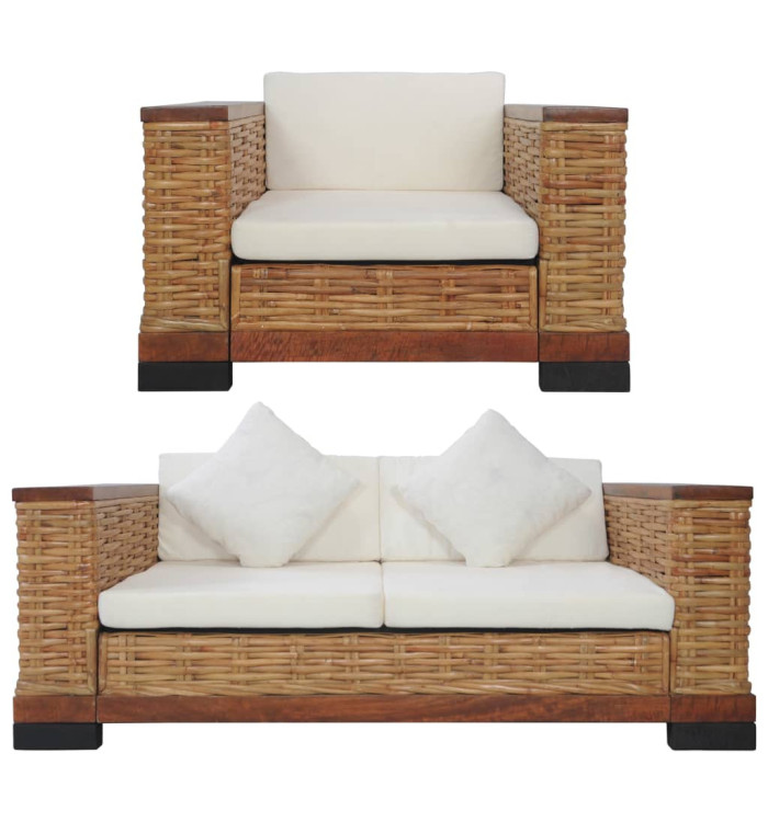 Ensemble de canapés 2 pcs avec coussins marron rotin naturel | Mobilier & Déco