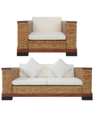 Ensemble de canapés 2 pcs avec coussins marron rotin naturel | Mobilier & Déco