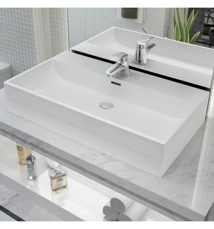 Vasque avec trou de robinet en céramique Blanc 76x42,5x14,5 cm | Mobilier & Déco