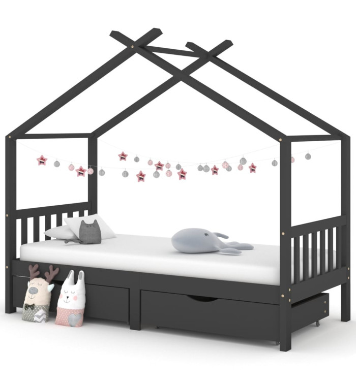 Cadre de lit d'enfant avec tiroirs Gris foncé Pin 90x200 cm | Mobilier & Déco