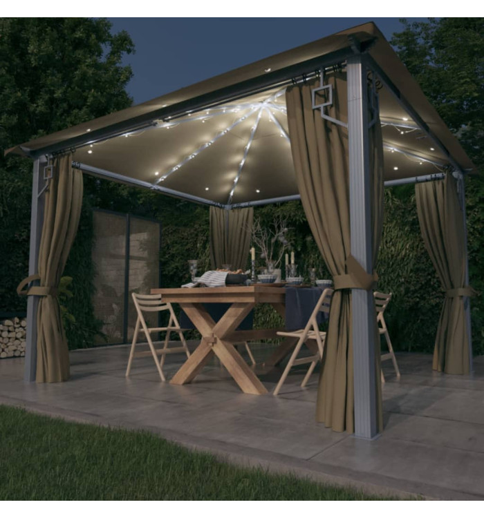Tonnelle avec rideau et lumières LED 3x3 m Taupe Aluminium | Mobilier & Déco