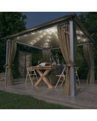 Tonnelle avec rideau et lumières LED 3x3 m Taupe Aluminium | Mobilier & Déco