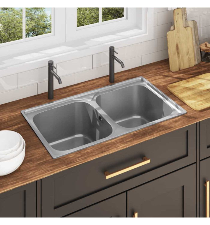 Évier double de cuisine avec crépine et piège Acier inoxydable | Mobilier & Déco