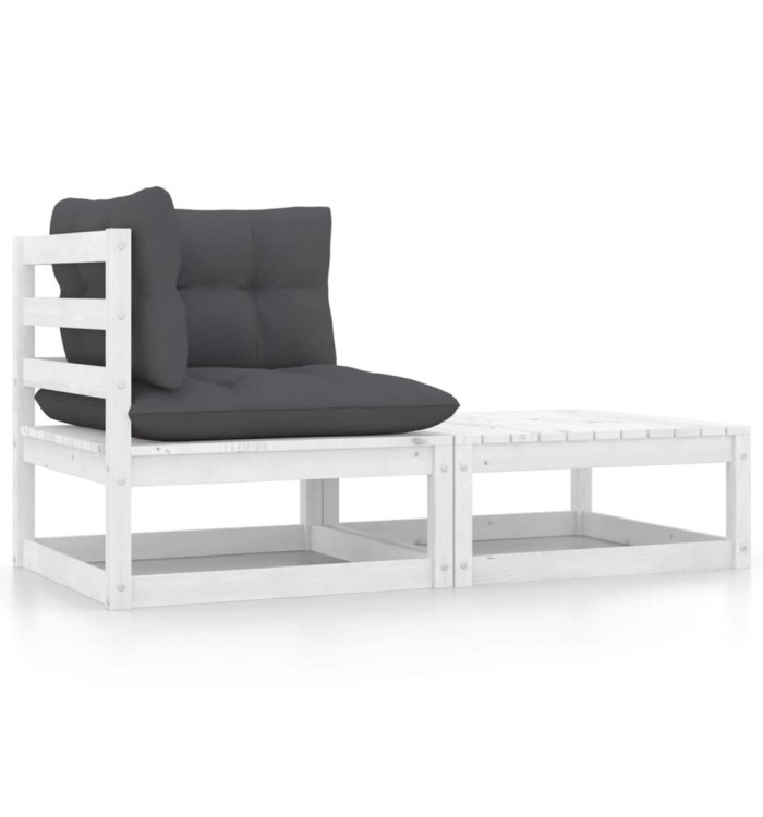 Salon de jardin 2 pcs avec coussins Blanc Bois de pin massif | Mobilier & Déco