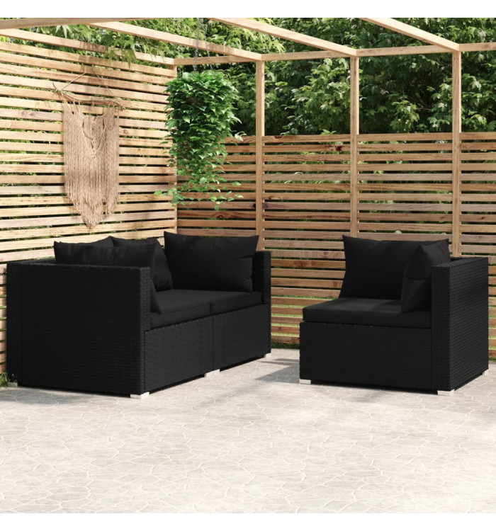 Salon de jardin 3 pcs avec coussins Noir Résine tressée | Mobilier & Déco
