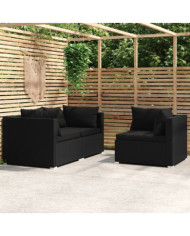 Salon de jardin 3 pcs avec coussins Noir Résine tressée | Mobilier & Déco