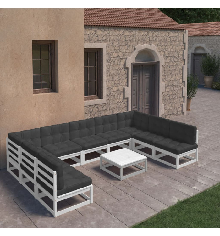 Salon de jardin 10 pcs avec coussins Blanc Bois de pin massif | Mobilier & Déco
