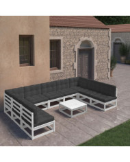 Salon de jardin 10 pcs avec coussins Blanc Bois de pin massif | Mobilier & Déco