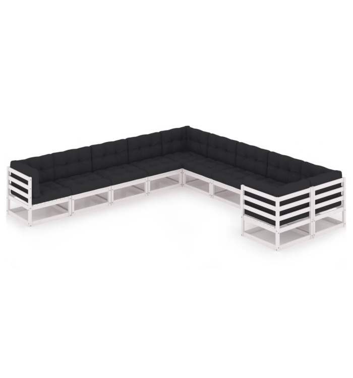 Salon de jardin 10 pcs avec coussins Blanc Bois de pin massif | Mobilier & Déco