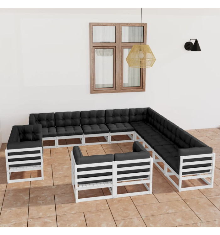 Salon de jardin 13 pcs avec coussins Blanc Bois de pin massif | Mobilier & Déco