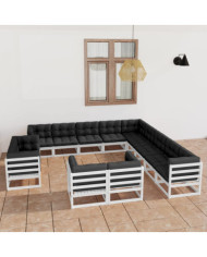 Salon de jardin 13 pcs avec coussins Blanc Bois de pin massif | Mobilier & Déco