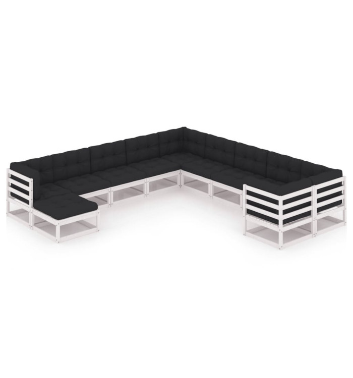 Salon de jardin 11 pcs avec coussins Blanc Bois de pin massif | Mobilier & Déco