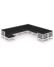 Salon de jardin 11 pcs avec coussins Blanc Bois de pin massif | Mobilier & Déco