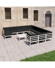 Salon de jardin 13 pcs avec coussins Blanc Bois de pin massif | Mobilier & Déco