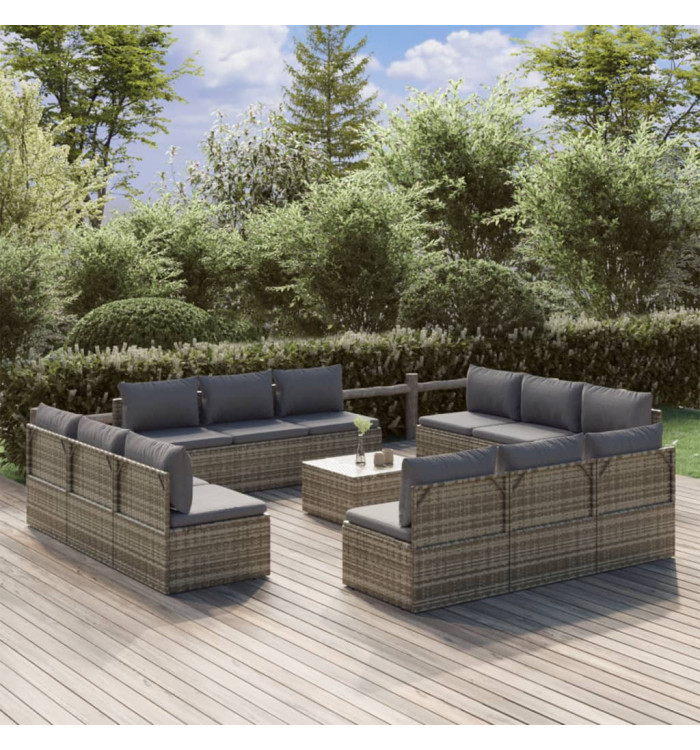 Salon de jardin 13 pcs avec coussins Gris Résine tressée | Mobilier & Déco