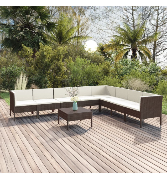 Salon de jardin 9 pcs avec coussins résine tressée marron | Mobilier & Déco