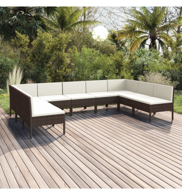 Salon de jardin 9 pcs avec coussins résine tressée marron | Mobilier & Déco