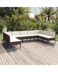 Salon de jardin 9 pcs avec coussins résine tressée marron | Mobilier & Déco