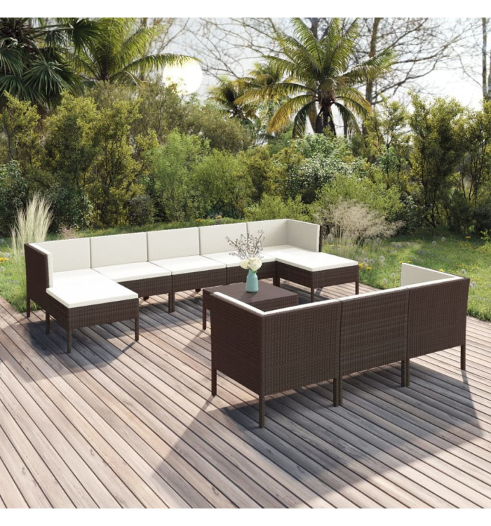 Salon de jardin 11 pcs avec coussins Résine tressée Marron | Mobilier & Déco
