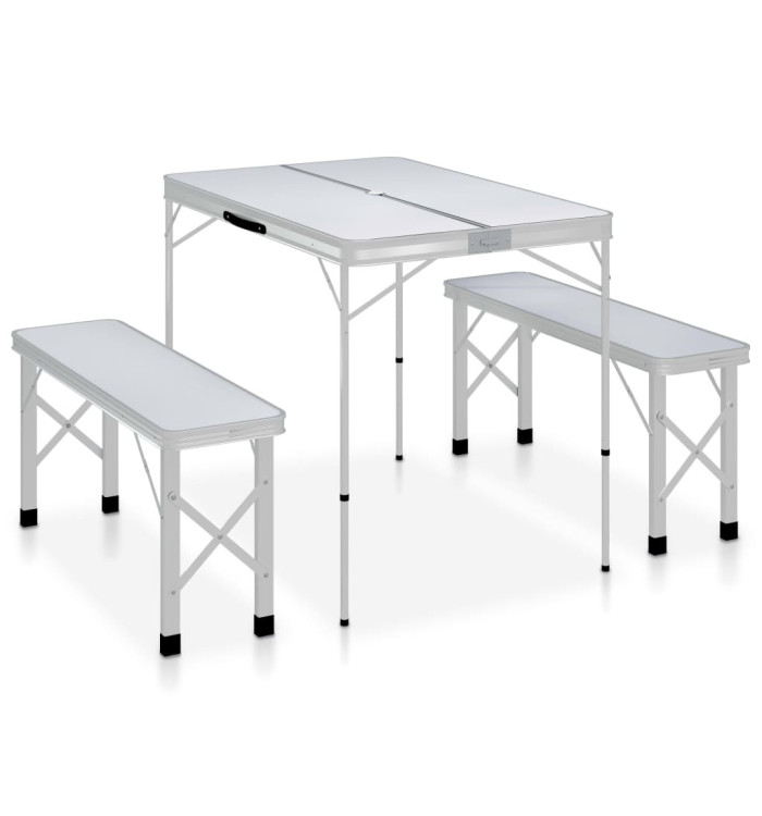 Table de camping pliable avec 2 bancs Aluminium Blanc | Mobilier & Déco