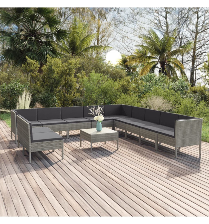 Salon de jardin 12 pcs avec coussins Résine tressée Gris | Mobilier & Déco