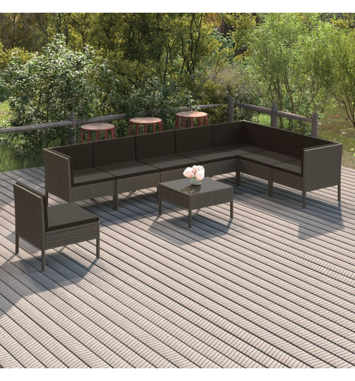 Salon de jardin 9 pcs avec coussins Résine tressée Gris | Mobilier & Déco