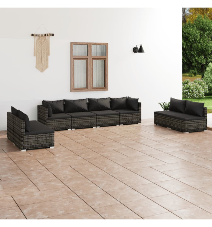 Salon de jardin 8 pcs avec coussins Résine tressée Gris | Mobilier & Déco