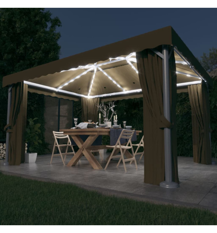 Tonnelle avec rideau et guirlande lumineuse à LED 4x3 m Taupe | Mobilier & Déco