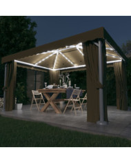 Tonnelle avec rideau et guirlande lumineuse à LED 4x3 m Taupe | Mobilier & Déco
