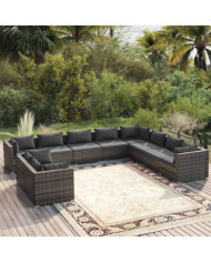 Salon de jardin 10 pcs avec coussins Gris Résine tressée | Mobilier & Déco