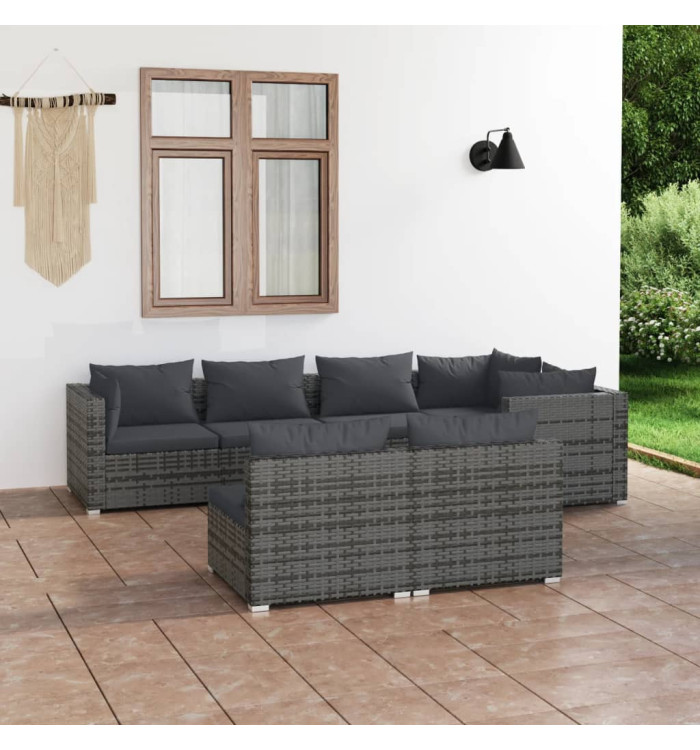 Salon de jardin 7 pcs avec coussins Gris Résine tressée | Mobilier & Déco