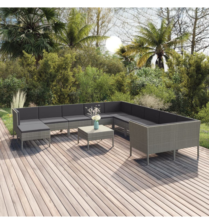 Salon de jardin 12 pcs avec coussins Résine tressée Gris | Mobilier & Déco