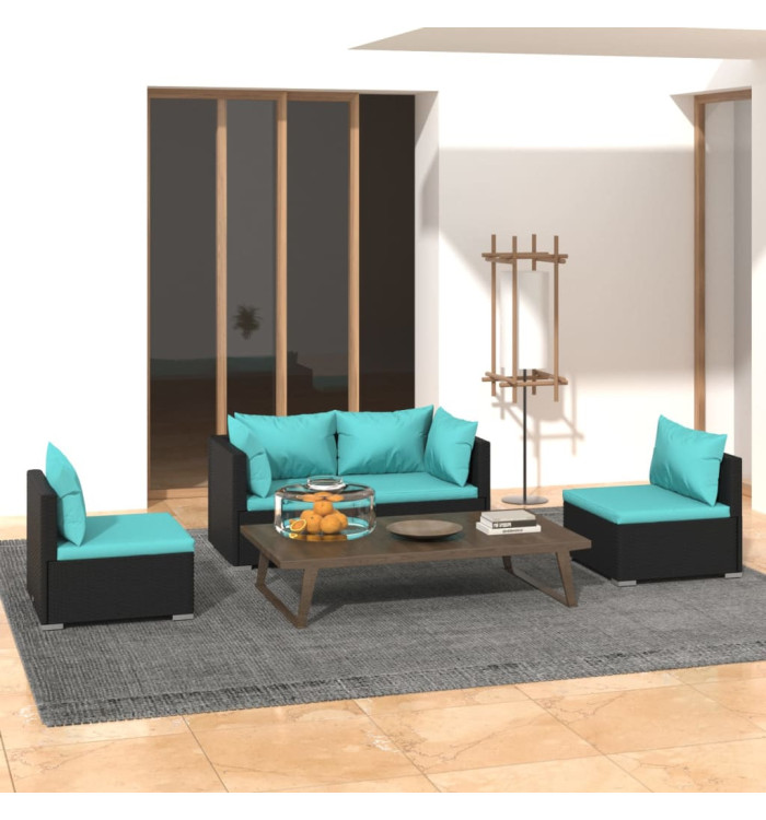 Salon de jardin 4 pcs avec coussins Résine tressée Noir | Mobilier & Déco