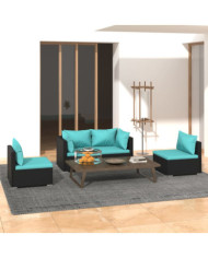 Salon de jardin 4 pcs avec coussins Résine tressée Noir | Mobilier & Déco