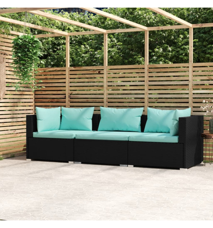 Canapé 3 places avec coussins Noir Résine tressée | Mobilier & Déco