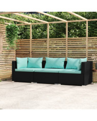 Canapé 3 places avec coussins Noir Résine tressée | Mobilier & Déco