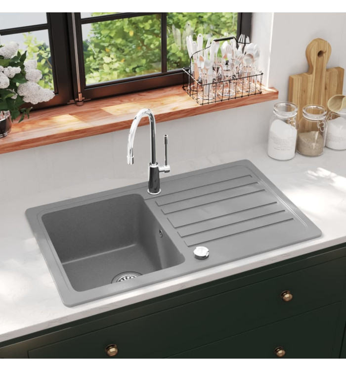 Évier de cuisine en granite avec égouttoir réversible Gris | Mobilier & Déco
