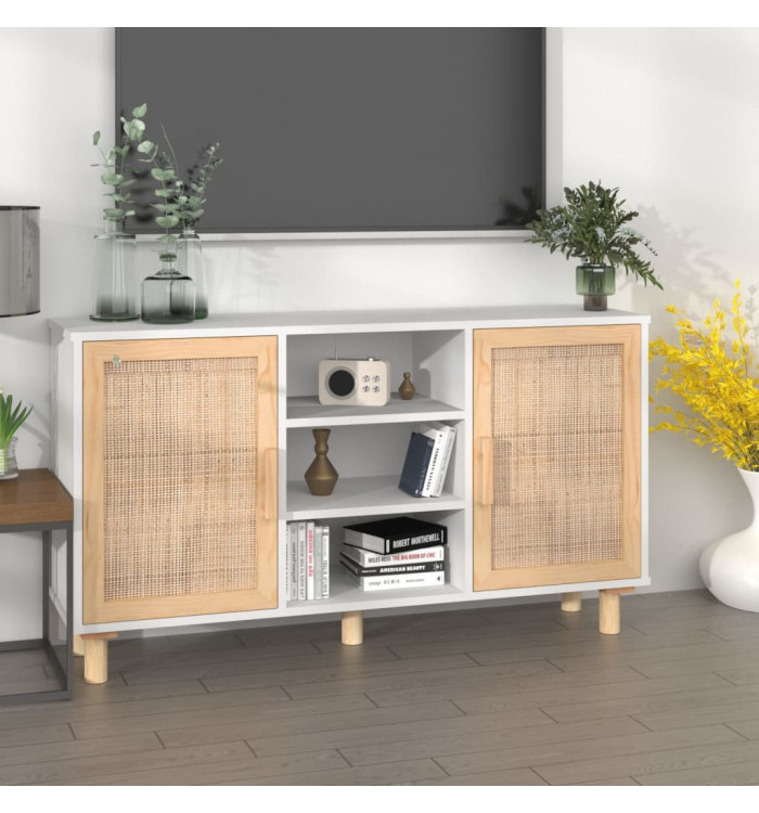 Buffet Blanc 105x30x60 cm Bois de pin massif et rotin naturel | Mobilier & Déco