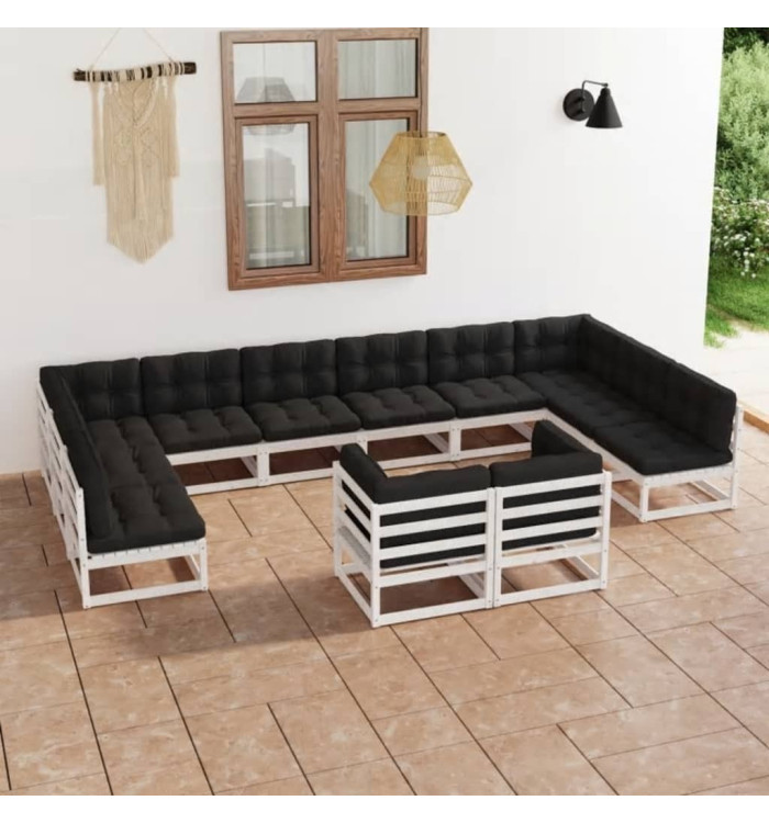 Salon de jardin 12 pcs avec coussins Blanc Bois de pin massif | Mobilier & Déco