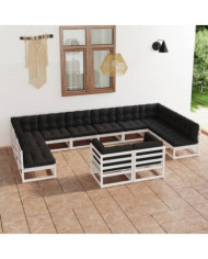 Salon de jardin 12 pcs avec coussins Blanc Bois de pin massif | Mobilier & Déco